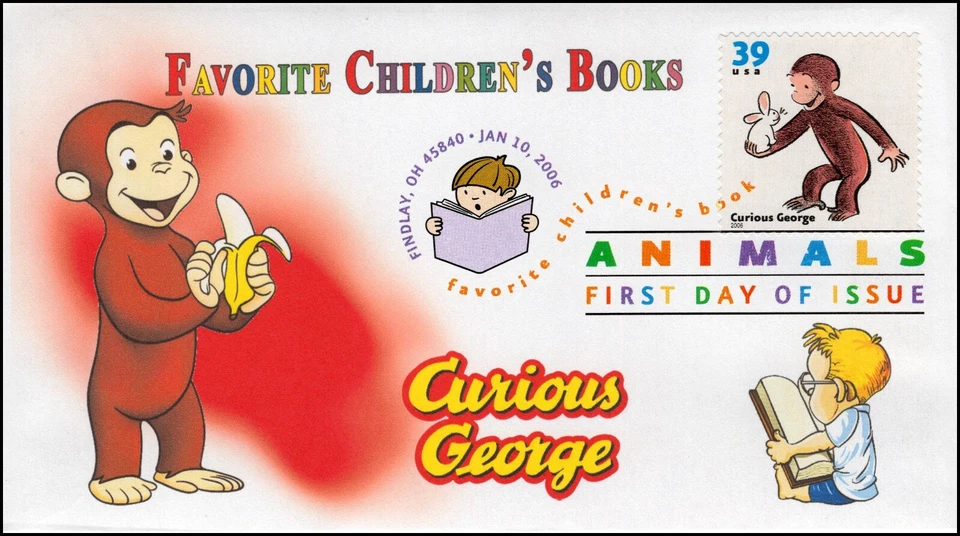 AO-3992-1, 2006, Favorite Children’s Book Animals, FDC, DCP, SC 3992, Curious Ge - Image 1 of 1