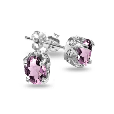 Oval Crown Simulated Alexandrite & White Topaz Stud Earrings in Sterling Silver - Image 1 of 4
