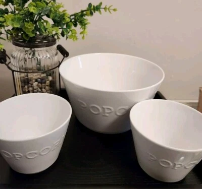 CRATE and BARREL Large White Ceramic POPCORN Serving Bowl,2 Individual Bowls NEW - Image 1 of 4