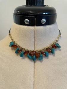 Turquoise and cornelian on chain and leather choker necklace - Picture 1 of 3