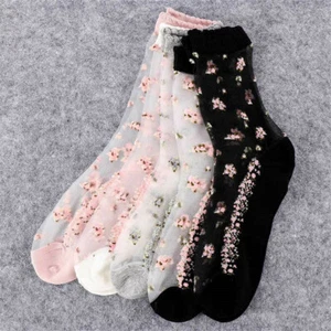 Women Transparent Thin Flower Lace Socks Crystal Silk Short Ankle Socks Summer - Picture 1 of 19