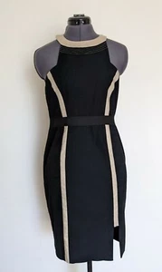 White Suede Pencil Dress Linen Blend Navy Cream High Neck Exposed Back Size 10 - Picture 1 of 10