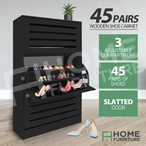 Shoe Cabinet Shoes Storage Rack Wooden Organiser Cupboard 3 Doors 45 Pairs Black - Picture 1 of 12