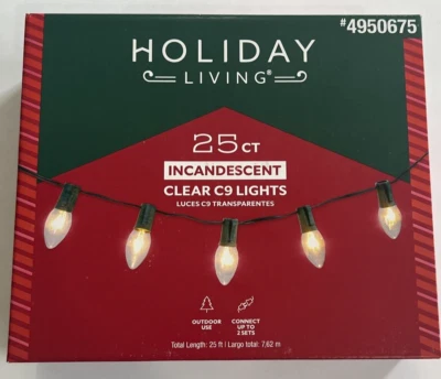 Holiday Living 25Ct Clear Incandescent C9 Lights, 25Ft Length New Christmas - Image 1 of 4