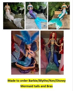 New Made to order Barbie Blythe Disney Ken Mermaid Tail Bra Silicone Glitter Toy - Picture 1 of 24
