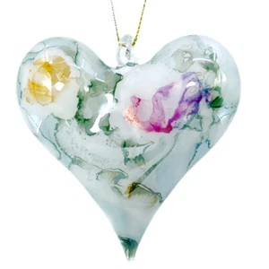 Ornamento Cuore – Vetro Egiziano Soffiato a Mano Dipinto a Fuoco Disegno Marmorizzato, Verde - Foto 1 di 4