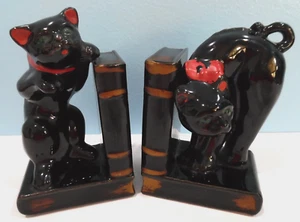 1960er Enesco Imports Japan schwarze Katze Buchstützen grüne Augen 5 1/2" hoch - Bild 1 von 10