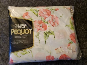 Pequot No Iron Percale Fitted Double Bed Sheet Set Floral White Pink NOS - Picture 1 of 6
