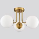 Modern Brass Gold 3Light Ceiling Light With Globe White Glass Shade Semi Flush M