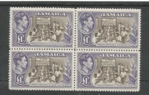 JAMAICA SG133a el 1949 GVI £1 chocolate y violeta en un excelente bloque MNH de 4 - Imagen 1 de 2