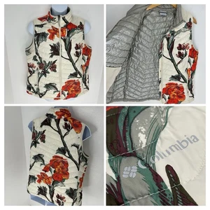 Columbia Floral Omni Heat Puffer Vest Size 1X Cream Red Gorpcore Poly Fill - Picture 1 of 12