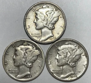 1942, 1942-D and 1942-S 10C Mercury Dimes 90% Silver - Bild 1 von 2