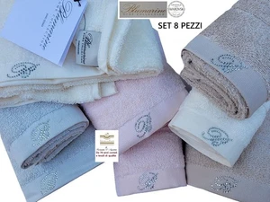 BLUMARINE set spugne 8 pezzi con SWAROVSKI 4 asciugamani + 4 ospiti - Picture 1 of 10