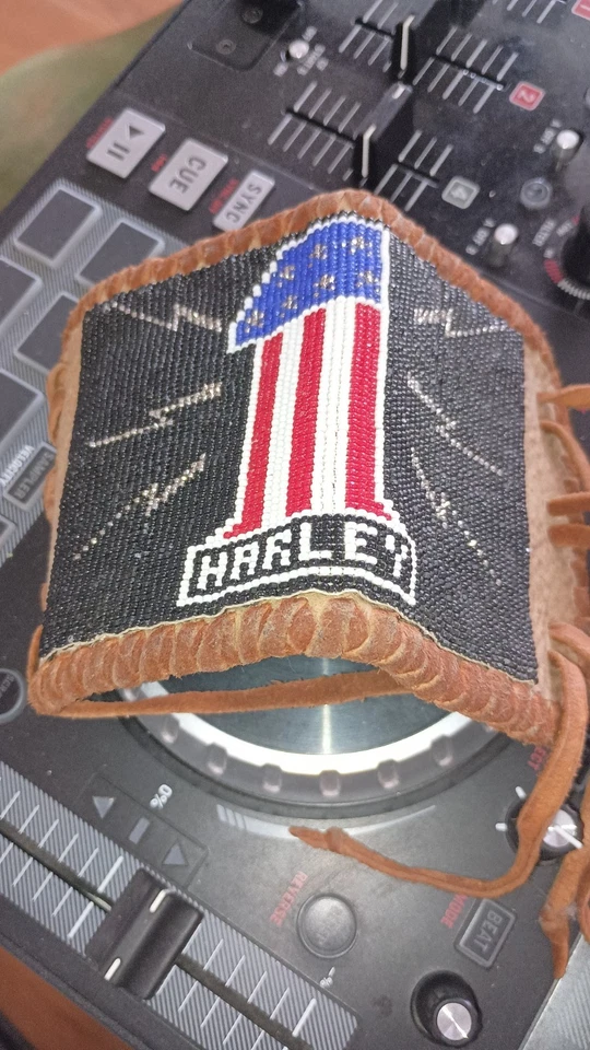 Handmade Beaded Leather Tie Cuff Bracelet "Harley" - Image 1 of 4