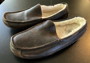 UGG ASCOT SHEARLING SLIPPERS Loafers Shoes BROWN LEATHER Fur Lining MEN'S US 10 - Picture 1 of 12
