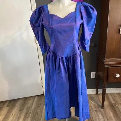 Vintage 80s Alfred Angelo Iridescent Blue Purple Taffeta Prom Dress 9/10 USA - Image 1 of 4