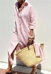 Classic Pink Stripe Shirt Dress Sz L (12-14) NEW Without Tags - Picture 1 of 9