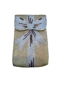 Vintage Art Deco Perlen Druckknopf Geldbörse Tasche Etui Gold Weihnachten Schleife Neiman Marcus - Bild 1 von 6