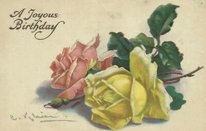 Katharina Klein Künstler signiert Floral Blumenkunst A Joyous Birthday 1910 Postkarte - Bild 1 von 3