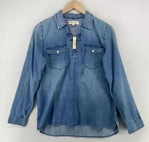 MADEWELL Blouse Womens S Chambray Utility Lace Up Long Sleeve Cotton Blue NEW - Picture 1 of 14
