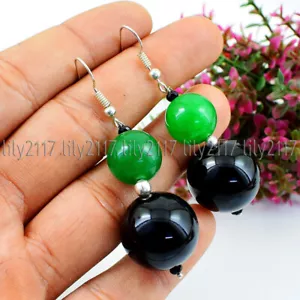 8&12mm Natural Green Jade &Black Onyx Gemstone Round Silver Hook Dangle Earrings - Picture 1 of 4