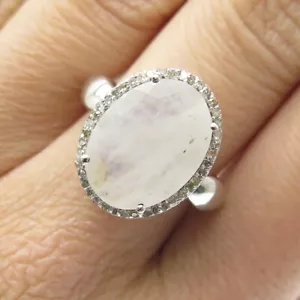 925 Sterling Silver Real White Diamond & Oval-Cut Moonstone Gem Ring Size 8 - Picture 1 of 8
