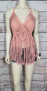Salmon pink macrame dress accented with copper beads with adjustable ties - Picture 1 of 6