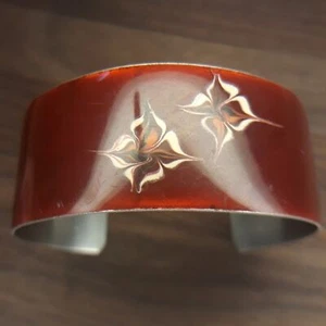 Vintage Red Enamel Open Cuff Bracelet Stainless Steel - Picture 1 of 12