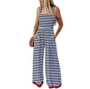 Square Neckline Stretch Waistband Stripes Color Jumpsuit Casual Size S - Picture 1 of 1