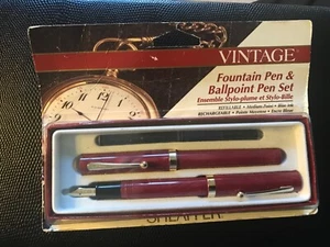 NOS SHEAFFER NO NONSENSE ‘VINTAGE’ FOUNTAIN & BALLPOINT PEN SET, RED MARBLE/GT - Picture 1 of 19