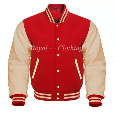 Baseball Varsity Letterman Bomber Red  Wool & Genuine Cream Leather Sleeves - Image 1 of 3