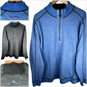 TOMMY BAHAMA Men's XL Reversible Flipshore 1/4 Zip Sweatshirt Fleece Blue Gray - Picture 1 of 24