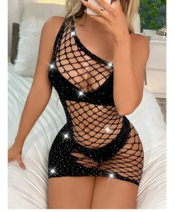 Strass Netz Minikleid Bodystocking Strümpfe Bodycon Negligee, T9153 - Bild 1 von 7