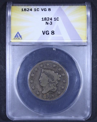 1824 Coronet Head Large Cent (N-3) - 1c ANACS VG8 - Choice Surfaces! - Image 1 of 4