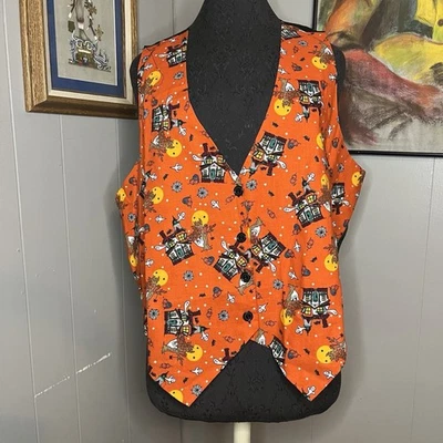 Vintage Basic Editions Halloween Orange Vest Ghost Haunted House Spooky Tree 18W - Image 1 of 4