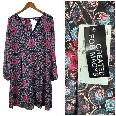 NEW Inc Dress Size Large Floral Sheer Puff Sleeve Knee Length Red Blue Black - Image 1 of 4