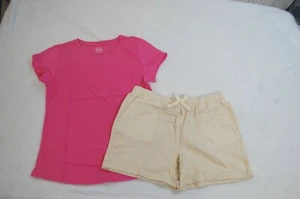 Girls Outfit PINK S/S T-SHIRT Beige Woven Shorts, Cuffed Legs, Pockets L 10-12 - Picture 1 of 2