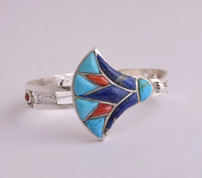 Bracciale in argento egiziano - Bracciale intarsiato in argento faraone del loto - Immagine 1 di 4