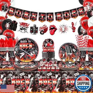 Rock and Roll Party Decorations, Including Born to Rock Banner, Plate , Napki - Picture 1 of 5
