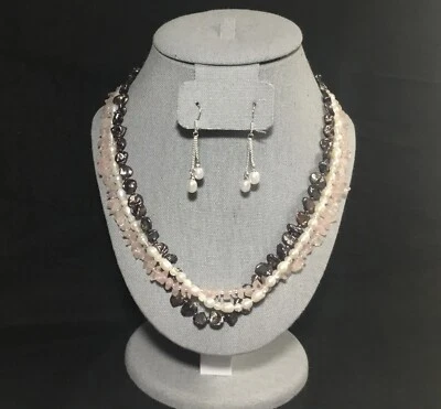 Colorido conjunto de joyas, 18" collar perlas reales concha de cuarzo rosa, pendientes de perlas Foto 1 de 4