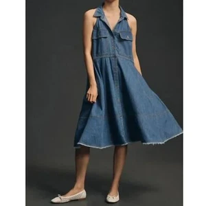 Anthropologie Pilcro ärmelloses Neckholder Swing Midikleid blau Denim S - Bild 1 von 7