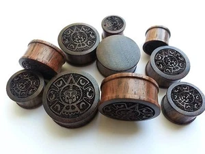 One Pair HandMade Mexican Aztec Mayan Calendar Sono Wood Double Flared Ear Plugs - Picture 1 of 4