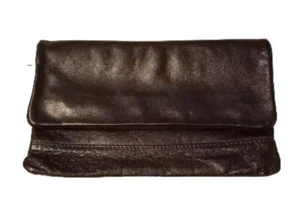 Vintage 80s Leather Purse Black Clutch Bag Foldover Two Zipper Zip Pockets - Picture 1 of 10