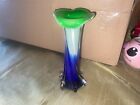 Vintage Hand Glass Jack In The Pulpit Calla Lily 7.5? Vase Cobalt Blue & Greens