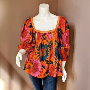 NWT Anthropologie FARM RIO sunflower print lace inset peasant top size XS - Picture 1 of 6