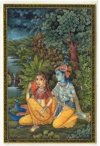 Indian Religious Painting Of Radha Krishna Love Scene Art On Plate 4x6 Inches - Picture 1 of 5