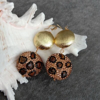 Tiger Eye Crystal Pave Brushed Coin Bead Earrings Handmade Jewelry For Women - Image 1 of 4