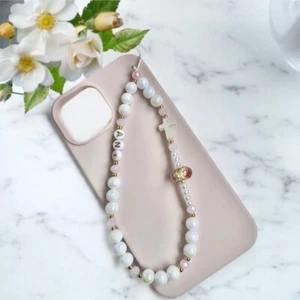 Charm téléphone chrétien personnalisé bracelet téléphone breloque perles chaîne cristal - Photo 1/4