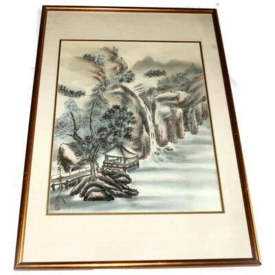 Pintura antigua de la casa del río china sobre seda estampada firmada enmarcada 17" x 24 3/4" Foto 1 de 4