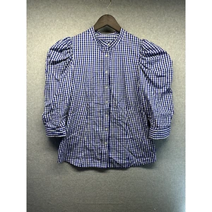 Anne Klein Womens Blouse Top Size 12 Blue Check Puff Shoulder Button Up NWT - Picture 1 of 13